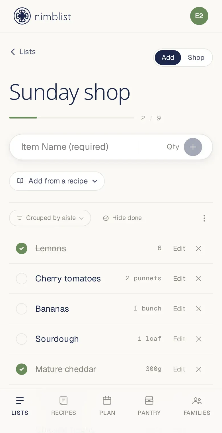 A Nimblist shopping list grouped by aisle, with checked-off items and quantities